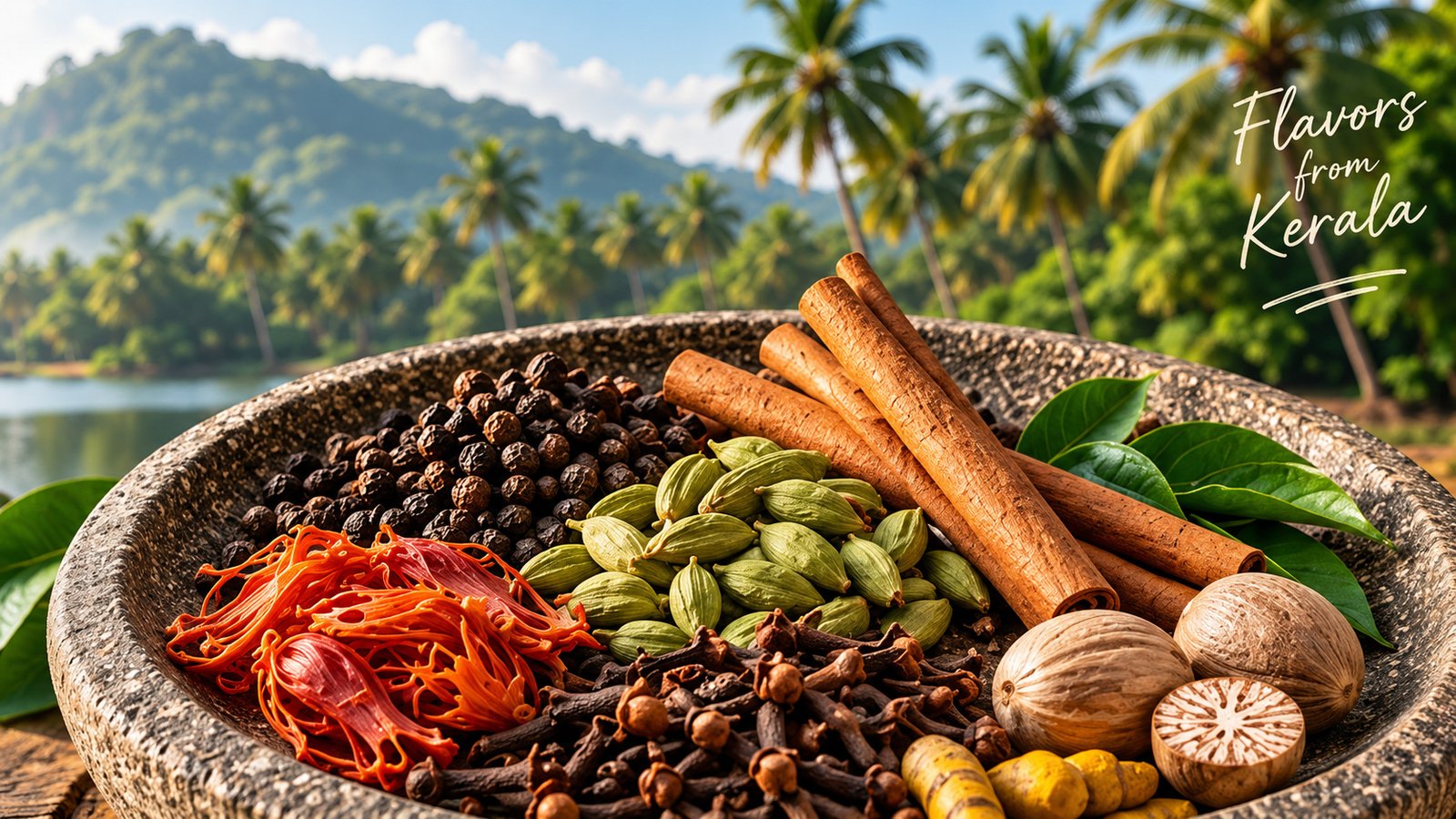 Kerala spices including pepper, cardamom, mace and nutmeg